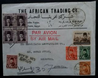 Rare 1947 Egypt Airmail Cover Ties 9 Stamps Canc Cairo To Australia
