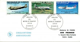 1983 Djibouti Fdc 50 Years Air France Douglas Dc - 4 / Bloch 220 / Boeing 747