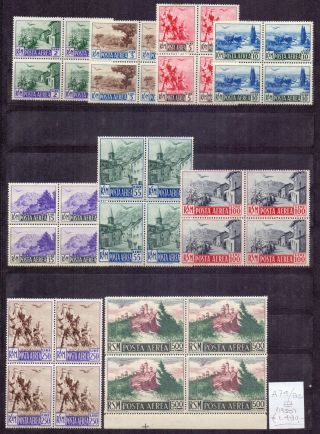 San Marino 1950.  Air Mail Quad Stamp.  Yt A74/82.  €1.  480.  00