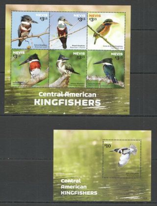 W1337 2015 Nevis Birds Kingfishers 19 - 24 Michel 26 Euro Kb,  Bl Mnh