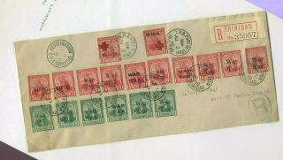 Trinidad & Tobago 1916 - 18 Red Cross & War Tax Stamps On Cover Remarkable