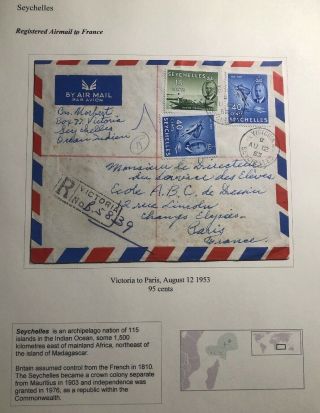 1953 Victoria Seychelles Airmail Registered Cover To Paris France