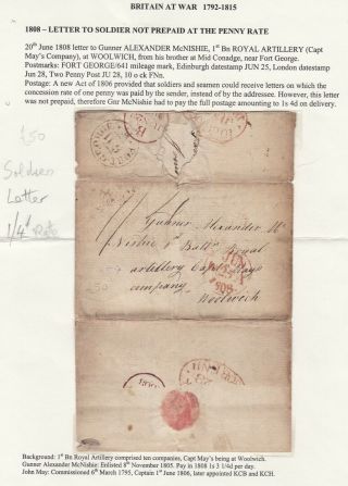 1808 Fort George Letter To Soldier Alexr Mcnishie Woolwich Not Prepaid 1d Rate