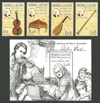 Sierra Leone 1986 Music Bach Musical Instruments Violin Lute Set & M/sheet Mnh