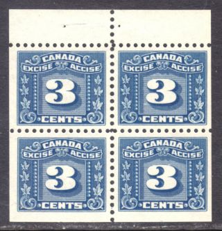 Canada Excise Tax Fx64a 3c Blue,  1934 - 48 Booklet Pane/4,  Vf,  Og - Nh