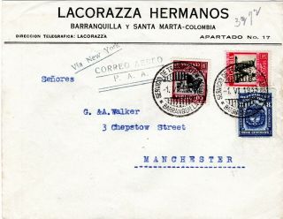 Colombia - England - Scadta,  Paa Cover - B/quilla To Manchester Via Ny - 1933