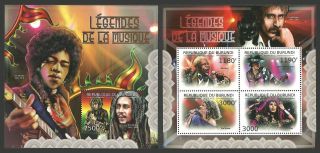 Burundi 2012 Pop Rock Music Hendrix Marley Cher Zappa Set Of 2 M/sheets Mnh