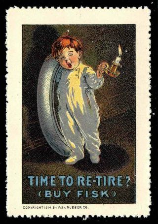 Usa Poster Stamp - Fisk Tires " Time To Re - Tire? " Boy In Pajamas With Tire