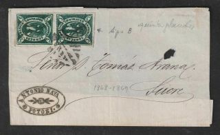 Bolivia 1868 Scott 1 Deep Green Pair On Petosi Cover Front Only To Sucre