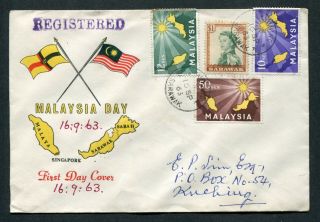 16.  09.  1963 Malaysia Malaya Map Set Stamps On Fdc Kuching,  Sarawak Cds Pmk