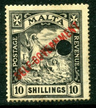 Malta 1922 10/ - Self - Gov Customs Punch Hole Cancel,  Gum Revenue Fiscal Duty Tax