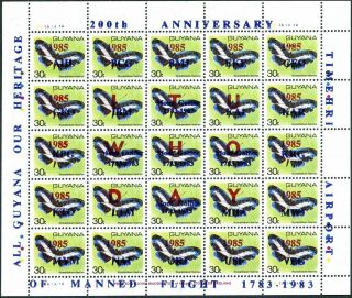 Guyana 969 Sheet,  Mnh.  Michel 1243 - 1367.  Butterfly/manned Flight,  200th Ann.  1985.