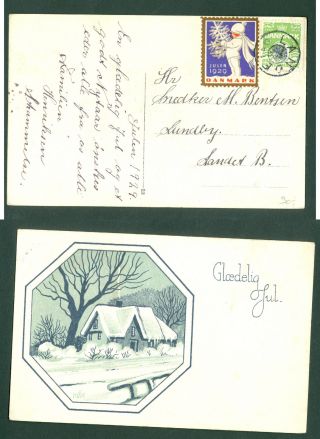 Denmark.  Christmas Card 1929 With Seal,  7 Ore.  Star Cancel " Landet ".  Farm House.