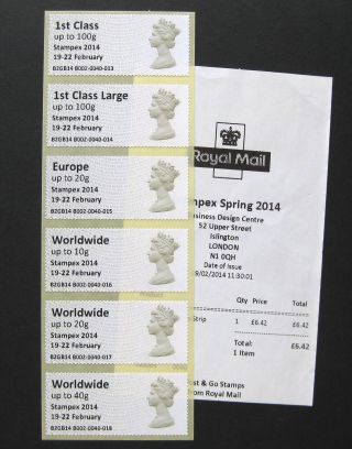 2014 Post & Go Spring Stampex Strip With 1st Class Large Error