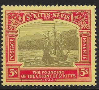 St.  Kitts - Nevis Sg59 1923 Tercentenary 5/= Black & Red On Pale Yellow Mtd