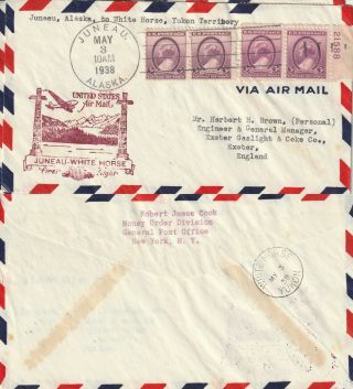 Us 1938 First Flight Air Mail Flown Cover Juneau Alaska To White Horse Yukon A