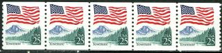 Sc 2280 - 1989 25¢ Flag & Yosemite Mottled Tagging Coil Plate Strip Of 5