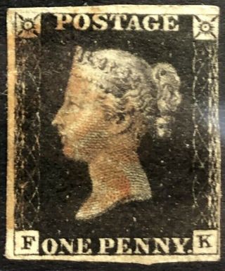 Gb Qv 1840 Penny Black 1d ‘fk’plate 5 Cancelled By A Red Maltese Cross