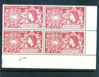 Bermuda 1953 - 58 Queen Elizabeth.  Sc 160.  5 Shillings.  Numbered Plate Block Mnh