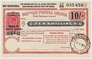 South Africa • 1955 10 Shillings Kgvi O/p British Postal Order • Harrismith