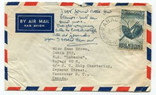Papua Guinea 1954 Airmail Cover To Ship Ss Lakemba At Vancouver Bc Canada -