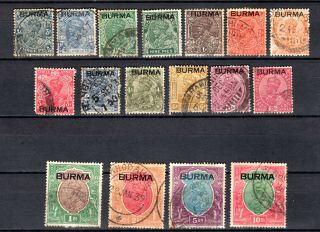 Burma 1937 Kgv Definitives Short Set To 10rs Stamps