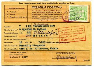 Sweden Local Post – 1946 Motala 4öre Green On “premieavisering” Receipt Card.