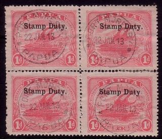 Papua 1912 1d Stamp Duty Overprint Block Of 4 In 1913. . .  40589