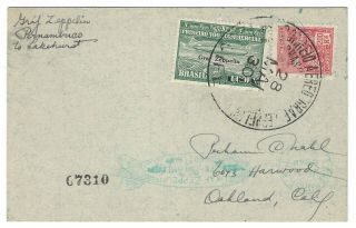 Brazil 1930 Graf Zeppelin Airship Cover Recife/oakland W/ Private Condor Stamps