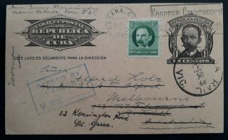 Rare 1939 Havana 1c Stamped Censor Postcard Uprated With 1c Stamp To Australia