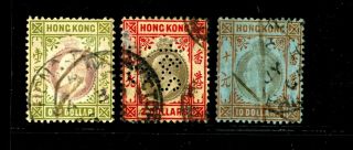 (hkpnc) Hong Kong 1904 Ke $1 $2 $10 Paid All Cds ($2 Thin On Front) Other Vf