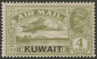 Kuwait 1933 Kgv Overprint Airmail 4a Olive - Green Sg33 Cat £150