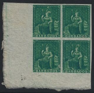 Barbados 1855 - 58 ½d Green Imperf Bottom Left Corner Block Of 4