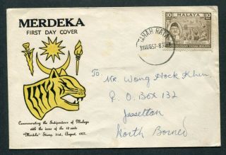 31.  08.  1957 Malaysia Malaya 10c Stamp On Fdc Tanah To Jesselton,  North Borneo
