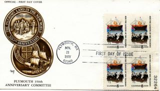 Us Fdc 1420 Mayflower Plate Block,  1st Cachet Plymouth 350th Committee (9654)