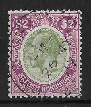 British Honduras 1922 $2 Yellow Green & Bright Purple Sg 137 Cv £130 Vf/xf