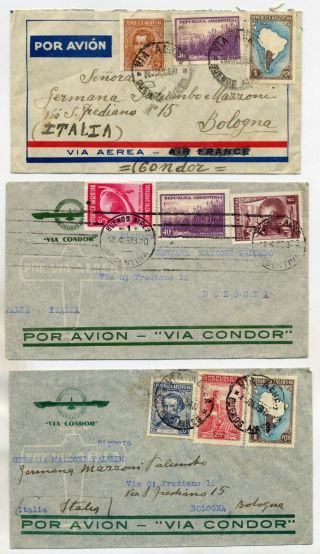Argentina 1939 Trio Of Condor Airmail Covers From Buenos Aires To Italy At 1.  45p