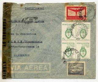 Argentina 1943 Regd Airmail Cover To Kleve Germany Detained Two Years By Censor