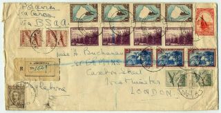Argentina 1946 Bsaa Regd 16.  73p Airmail Cover To Uk 27 Stamp Franking