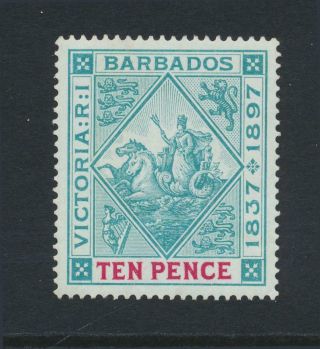 Barbados 1897,  10d " Blued Paper " Diamond Jubilee Vf Mlh Sg 132 Cat£200 (see Below