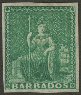 Barbados 1852 Qv Britannia ½d Deep Green Imperf Sg2 Cat £150 Four Margins