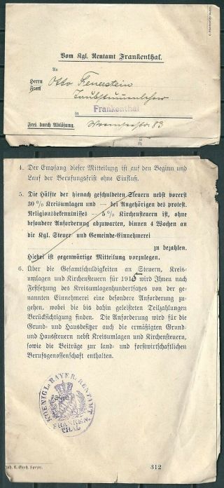 Germany Bayern 1915 Tax Office Document Frankenthal Postmarks - Cag 080519