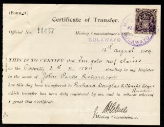 1909 Rhodesia Certificate Of Transfer Fine,  Rare Revenue Document With £1 Purple.