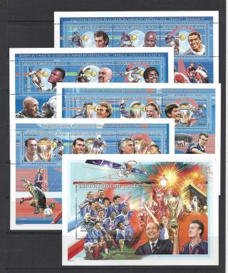 Mali 1998 World Cup Soccer Souvenir Sheets,  Scott 983 - 987 Mnh,  Scv $40