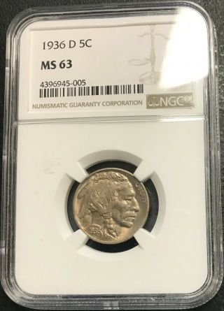 1936 - D U.  S.  Buffalo Indian Nickel Ngc Graded Ms63 $2.  95 Max