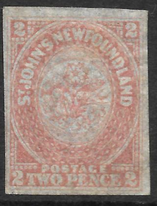 Newfoundland 1862 2d Pale Rose - Lake Imperf,  Hinged.  Sg 17.  Cat.  £300.