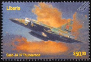 Swedish Air Force Saab Ja - 37 Viggen Thunderbolt Aircraft Stamp (2003 Liberia)