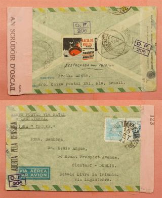 Brazil Tied Patriotic Label 1944 Airmail To Ireland Wwii Censored