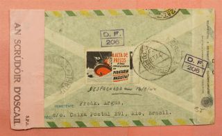 BRAZIL TIED PATRIOTIC LABEL 1944 AIRMAIL TO IRELAND WWII CENSORED 3