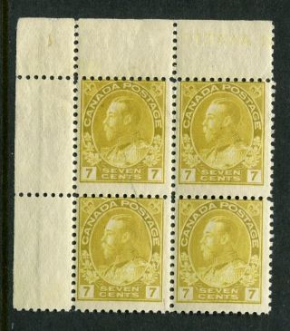 Canada Scott 113 - Nh Ul Cblk Of 4 - 7¢ Yellow Ochre King George V Admiral (017)